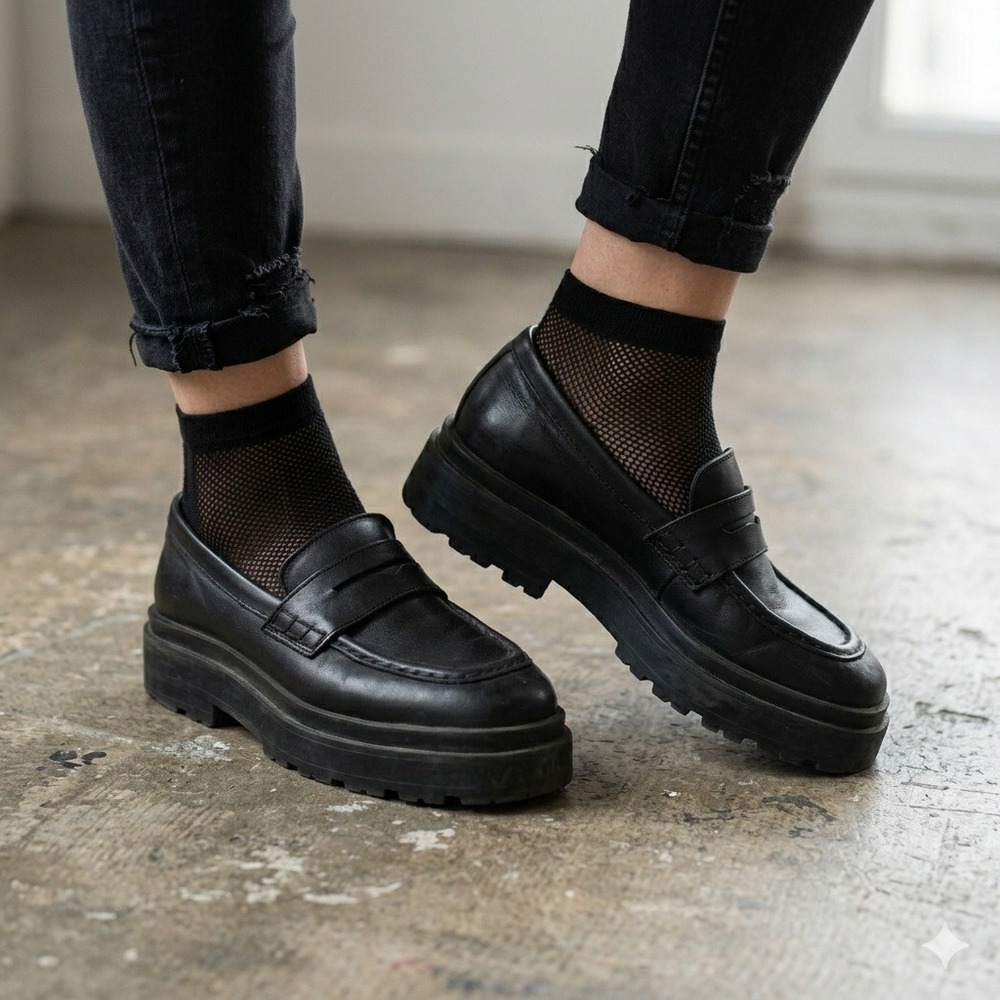 The Kooples Loafers Womens 42 11 Black Leather Chunky Platform‎ Lug Sole Goth